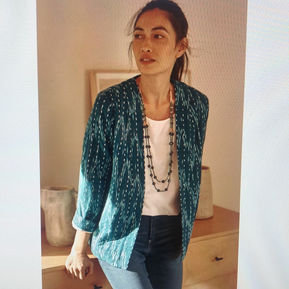 J Jill Pure| Kantha Ikat Jacket| Women’s size S(4-6)| Teal & White. Grandma core